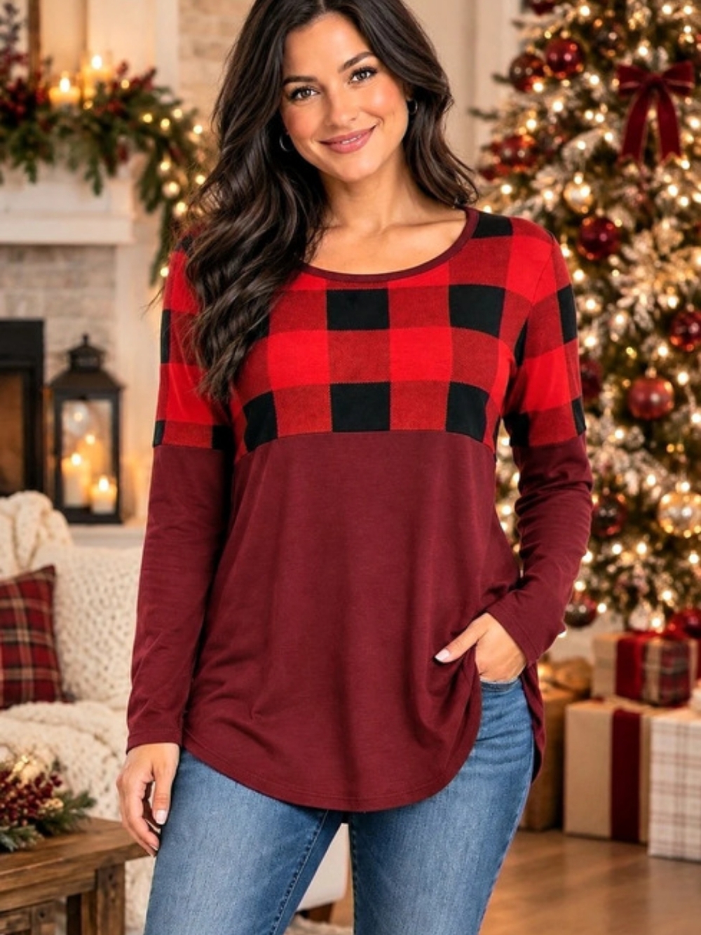 New Zenana | Butter Soft Long Sleeve | Red & Black Buffalo Plaid Colorblock Top